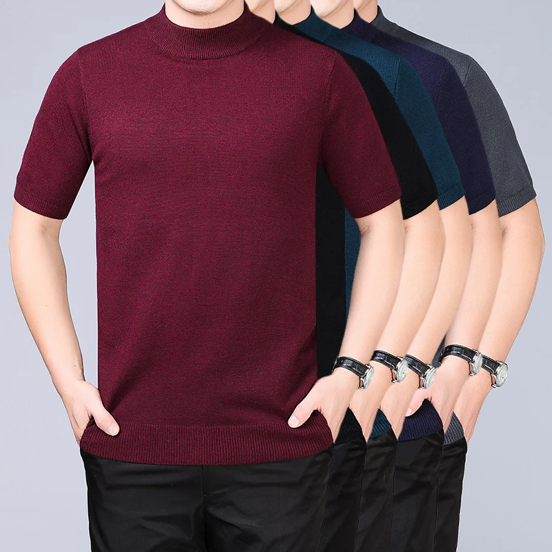 

Мужской свитер с высоким воротником, шерстяной джемпер с коротким рукавом, мужские однотонные свитера, облегающая вязаная рубашка, бесплатная доставка