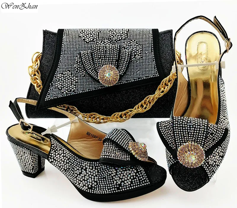 

Newest Black African Women Matching Italian Shoes and Bag Set Decorated with Rhinestone Italian Ladies Shoe and bag 38-43 B98-5