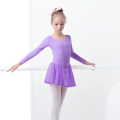 Lavender Long Sleeve Балетное платье для девочек гимнастическое трико с коротким рукавом балетная Одежда для танцев с шифоновыми юбками - Цвет: Lavender Long Sleeve