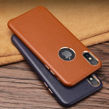 

for iPhone 11 Pro Max X XS MAX XR 6s 7 8 Plus case Real cowhide leather lychee texture phone back cover metal button protective