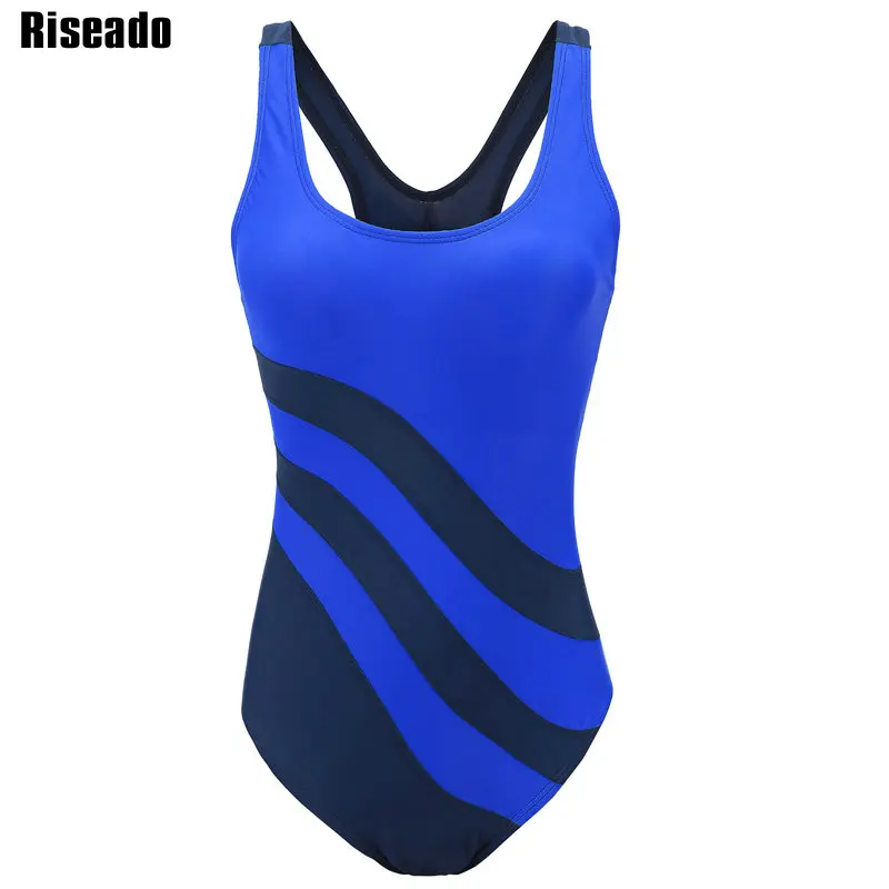 

Riseado Sport One Piece Swimsuits Patchwork Swimwear Women New 2019 Racer Back Blue Swimsuits Bathing Suits Beachwear