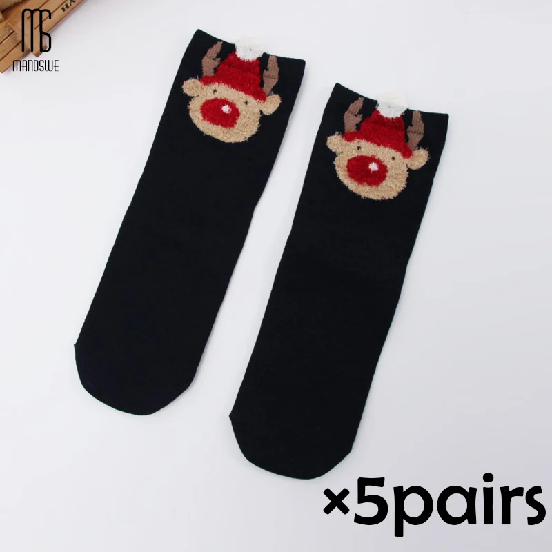 Manoswe/1 пара; женские рождественские носки; теплые зимние носки; Забавные милые дышащие носки; большие красные носки с изображением лося; хлопковые носки с животными - Цвет: Black 5pairs