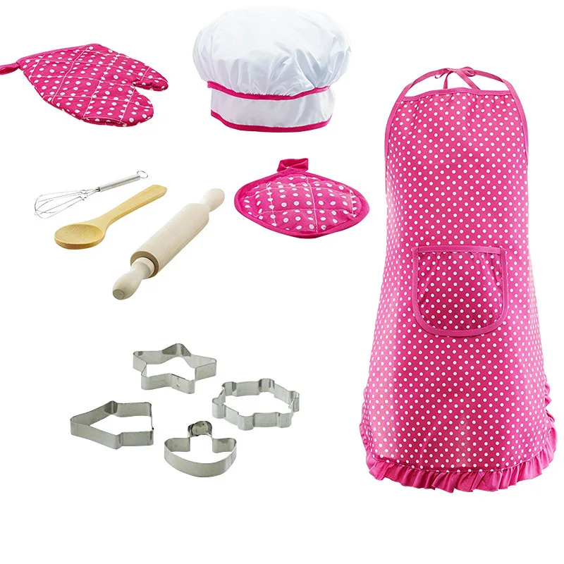 Pink Set 11 шт. шеф-повар униформа, фартук Кепки выпечка игрушки Костюмы для косплея для детей для малышей, подарок для мальчиков и девочек DIY живопись Кухня производительность - Цвет: Pink Set