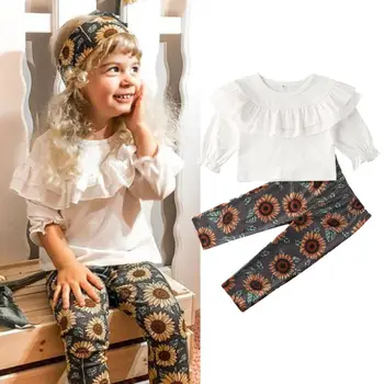 

2Pcs Kid Baby Girl Cloths Sunflower Ruffle Long Sleeve Top T-shirt Pants Outfit Autumn Clothes 0-5T