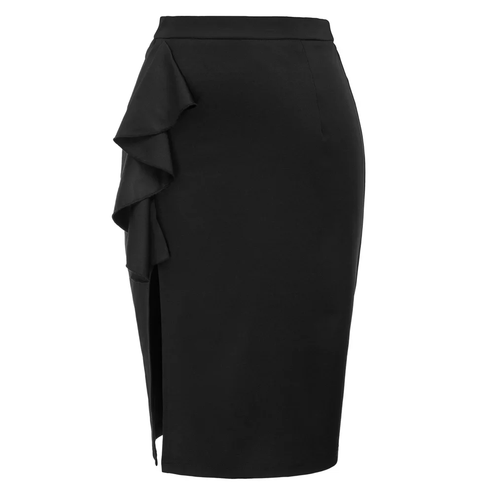 Женская Леди с высокой талией Bodycon Ruffle Сплит стрейч бизнес OL карандаш миди юбка