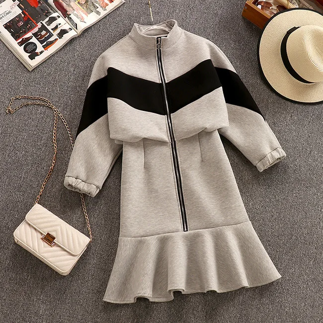 Женское зимнее плотное теплое хлопковое мини-платье высокого качества на молнии с оборками Плиссированное мини-платье женская одежда - Цвет: Gray
