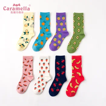 

Women's Socks 3 Pairs Set Tube Socks Autumn and Winter New Fruit Print Cotton Socks Korean Style Women Red Sock Women's Gift