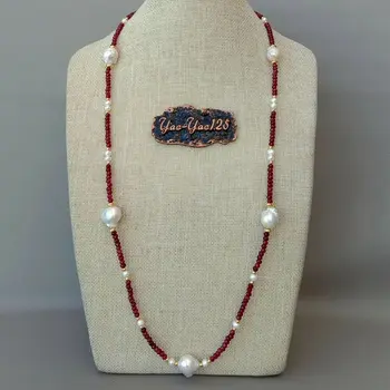

32'' Freshwater White Keshi Pearl Red Gems Stone Long Necklace