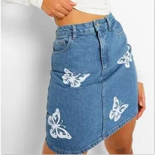 

Sexy Women Denim Mini Skirt Fashion Summer High Waist Printing Korean Denim Skirt Blue Pocket Design Package Hip Jean Mini Skirt