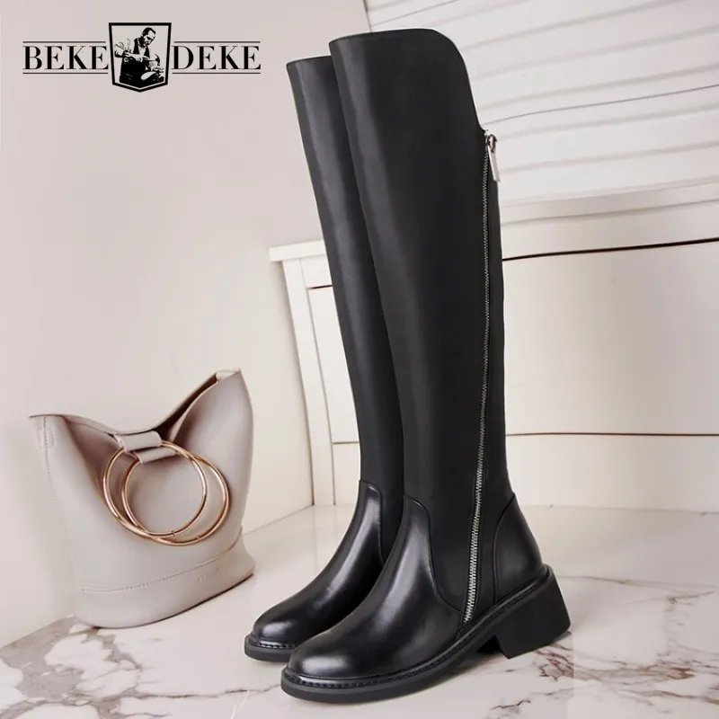 

Brand Euro Winter New Thick Bottom Womens High Boots Genuine Leather Cowhide Fleece Lining Round Toe Female Long Knight Boots