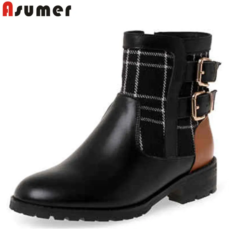 

ASUMER Plus size 34-42 New genuine leather boots buckle round toe autumn winter ladies boots patchwork female ankle boots
