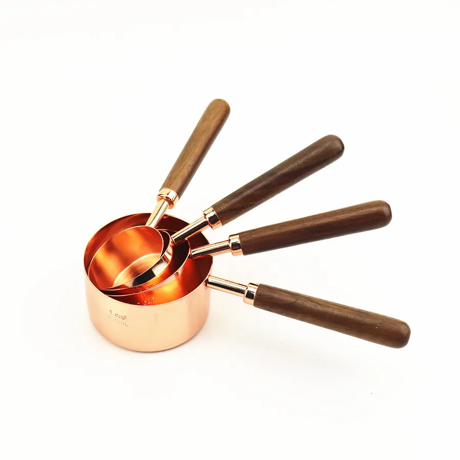 Walnut handle copper plating measuring cup measuring cup kitchen baking tool bartending scale measuring spoon set - Цвет: 4pcs