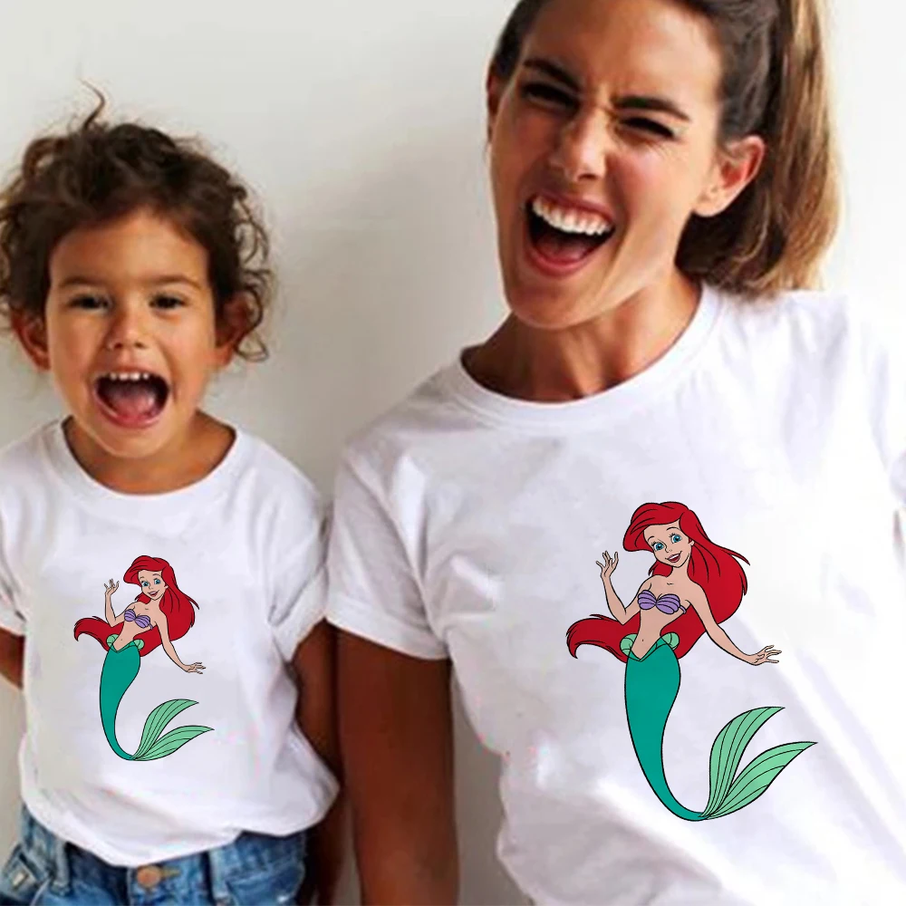 aunt and nephew matching outfits Family Clothes Woman Tshirt The Little Mermaid Ariel Flounder Print Kids T shirt Streetwear Harajuku Tops Children T-shirts cute matching outfits for couples