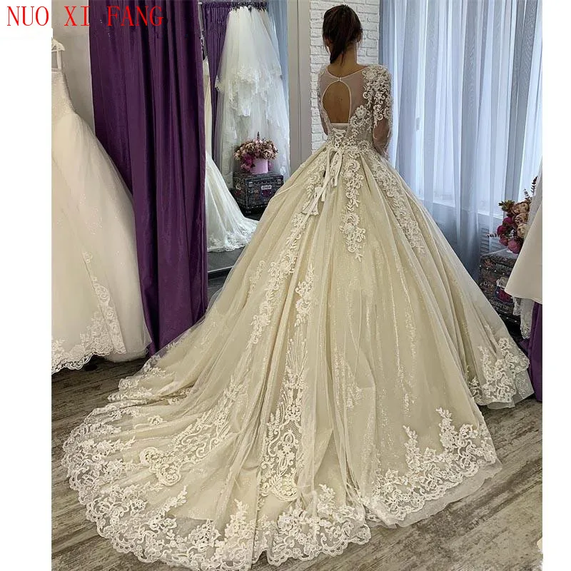 Gorgeous Arabic Dubai Lace Beaded Wedding Dress Long Sleeves Sheer Neck Crystals Bridal Gowns Corset Back robe mariee mariage