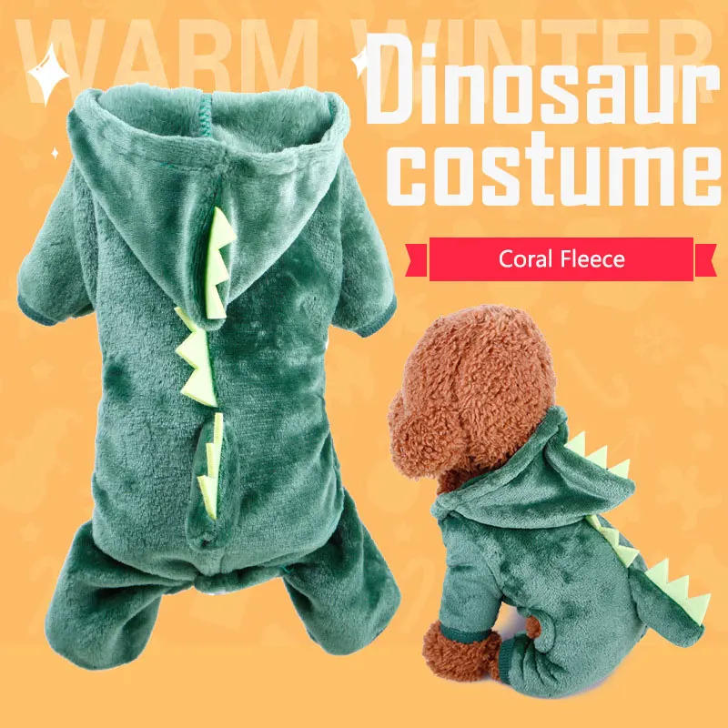 

Designer Dog Clothes Green Dinosaur Warm Winter Dog Hoodies Lovely Coral Fleece French Bulldog Accessories Pet Costume Clothing