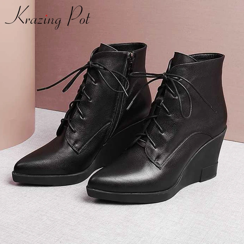 

krazing pot winter cow leather pointed toe keep warm wedges high heels gorgeous superstar black color fashion ankle boots l2f2
