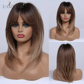 

EASIHAIR Medium Length Dark Brown Ombre Synthetic Wigs for Women Wigs with Bangs Layered Cosplay Wigs Daily Heat Resistant Wigs