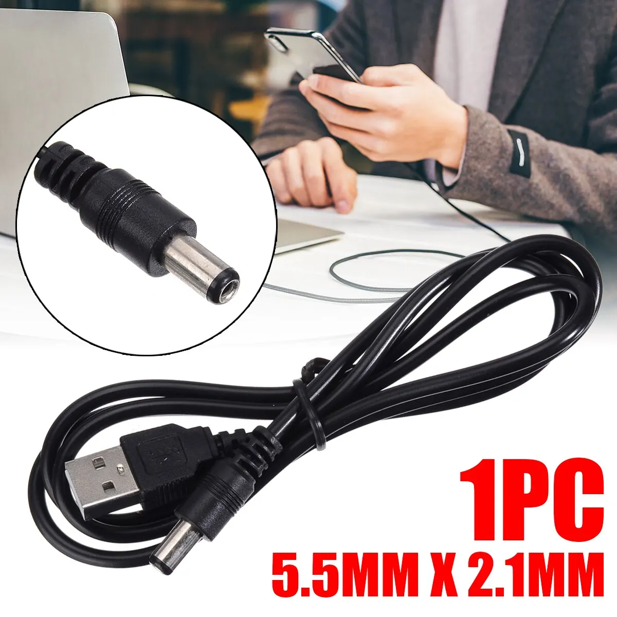 

New USB A Male to 2.0-5.5mm Connector DC 5V Charger Power Cable Adapter Cord Power Supply Cable Connector Black