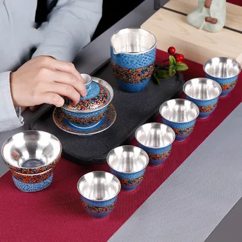 

Porcelain Silver Tea Set Cover Bowl Set Kung Fu Tea Set Sterling Silver Tea Cup Ceramic 6 Gifts