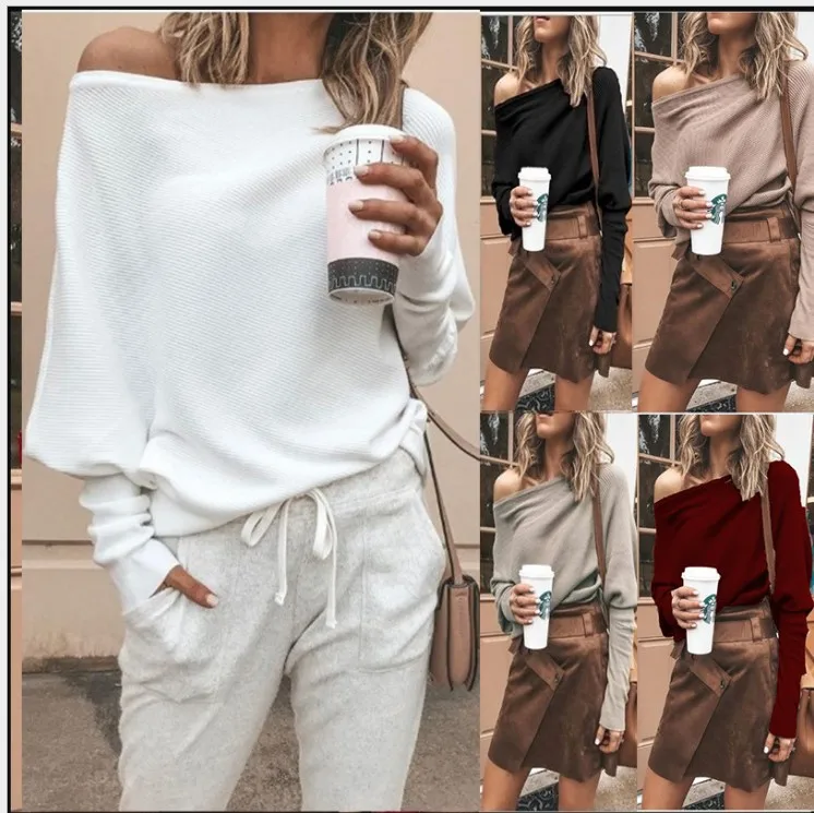 

2019wish Amazon AliExpress Hot Selling in Europe And America Sexy Horizontal Neck Raglan Sweater