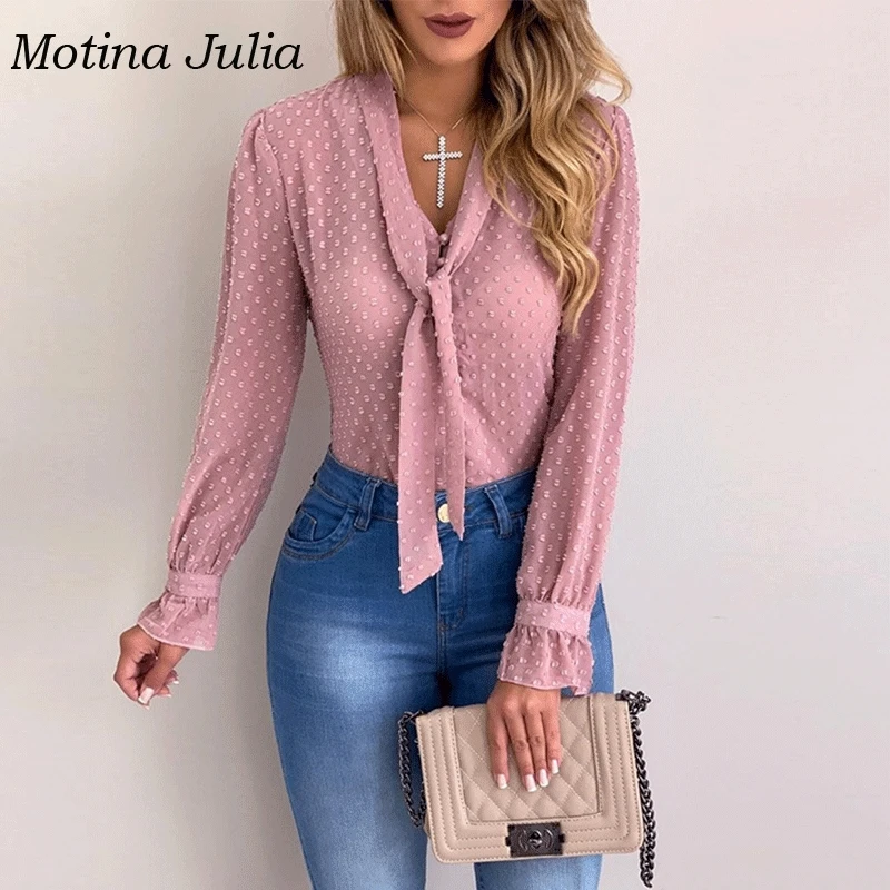 Motina Julia 2019 модные шифоновые женские блузки рубашки жаккардовые Блузы с бантом