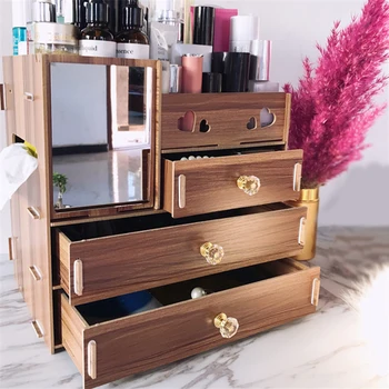 

1PCs Large Capacity Wooden Cosmetics Organizer Makeup Storage Box With Mirror DIY Multifunctional Desktop Drawers Cosmetic Case