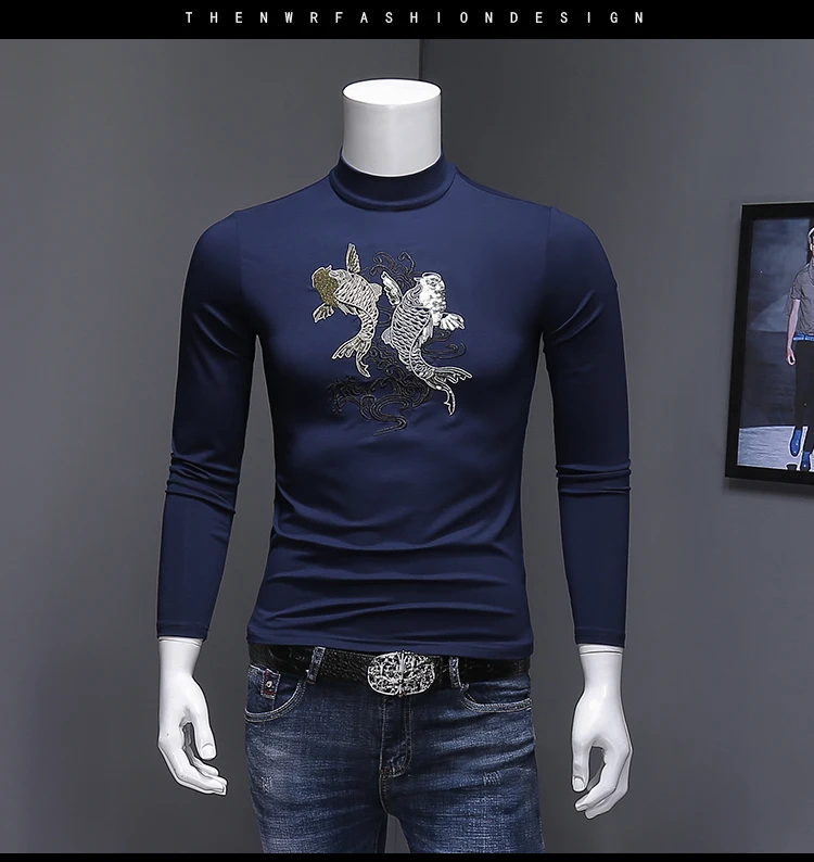 Вышивка Повседневная футболка с длинным рукавом Половина Водолазка Slim Fit Мужская футболка модные мужские s эластичные футболки Плюс Размер 5xl