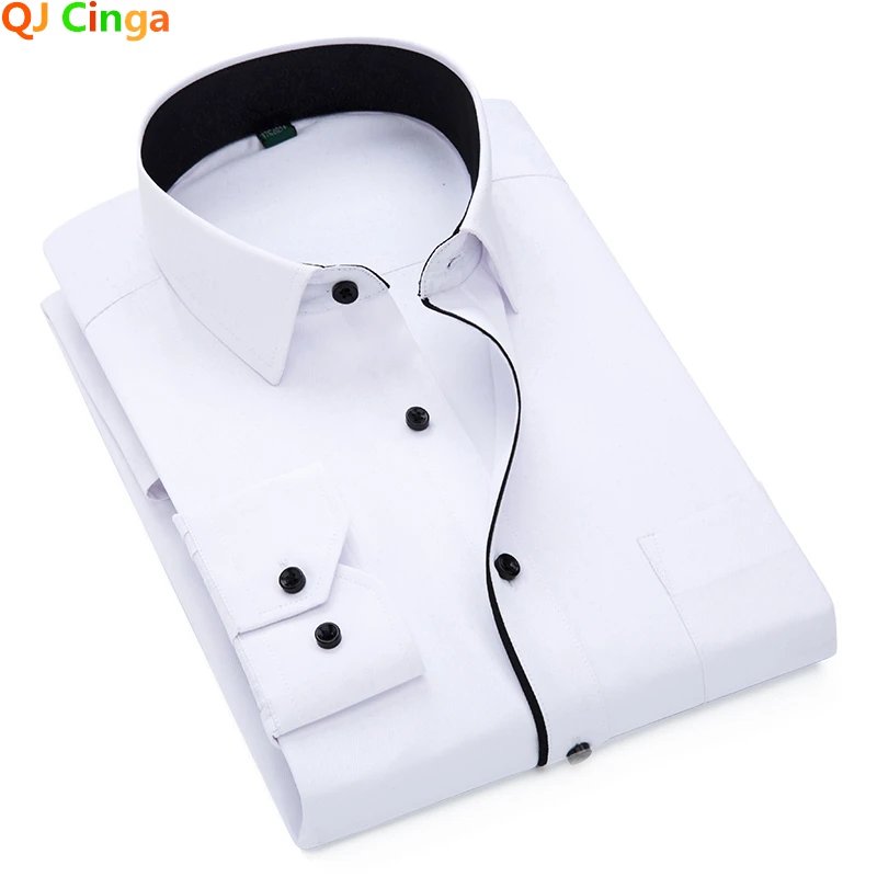 Men Long Sleeve Shirt Black and White Patchwork Business Office Sky Blue Slim Fit S-5XL