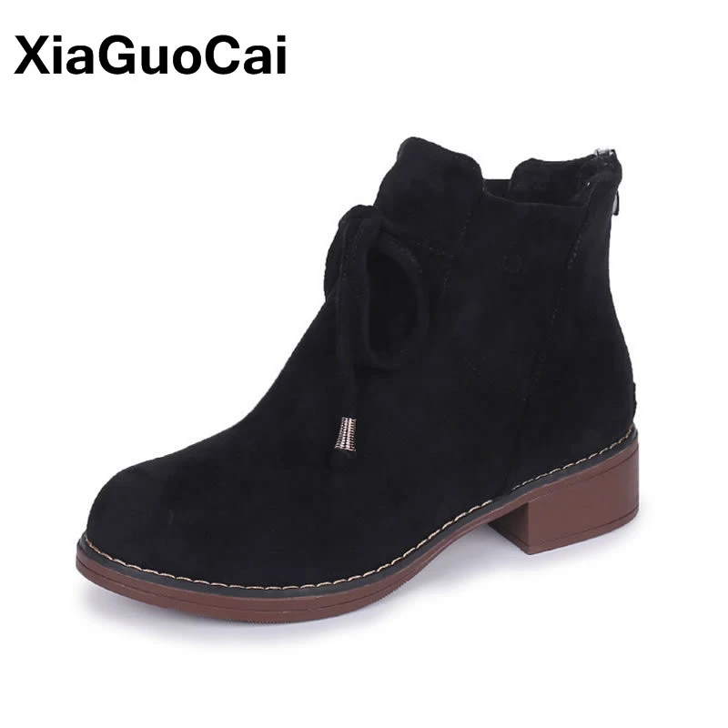 

Women Ankle Boots Winter Warm Woman Shoes Lace Up Round Toe Flock Female Boots Fashion Comfortable Ladies Footwear Hot Sale