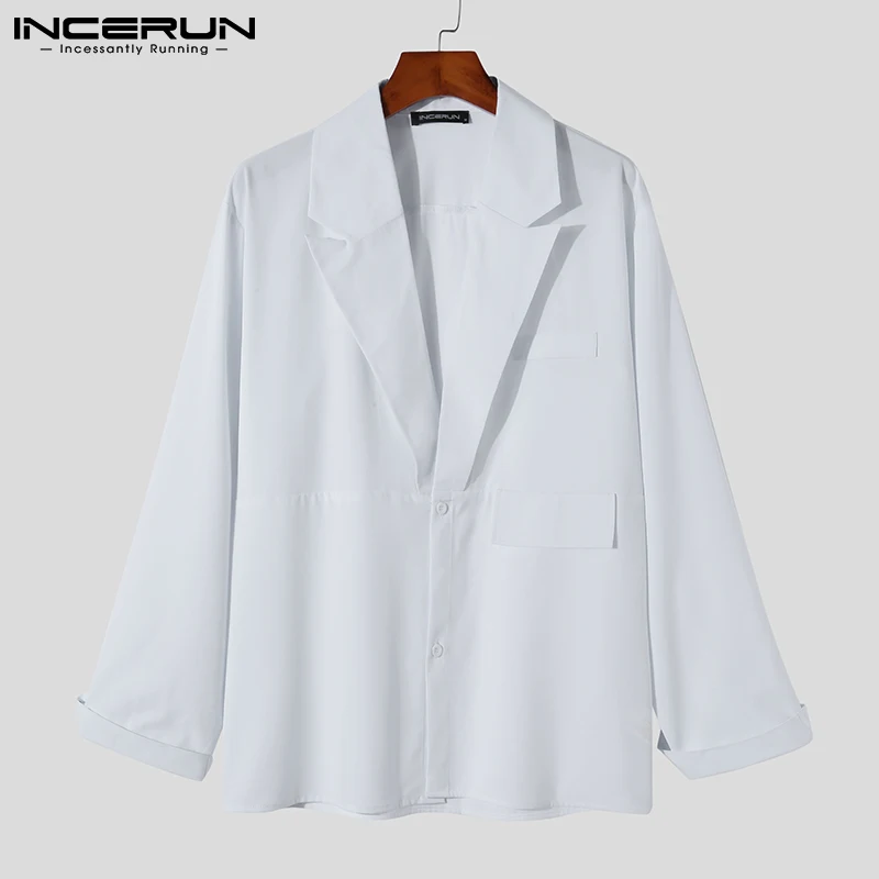 INCERUN Men Casual Shirt Solid Color Lapel Button Long Sleeve Fashion Tops Streetwear Loose Leisure Camisa Masculina S-5XL long sleeve shirt men casual shirt