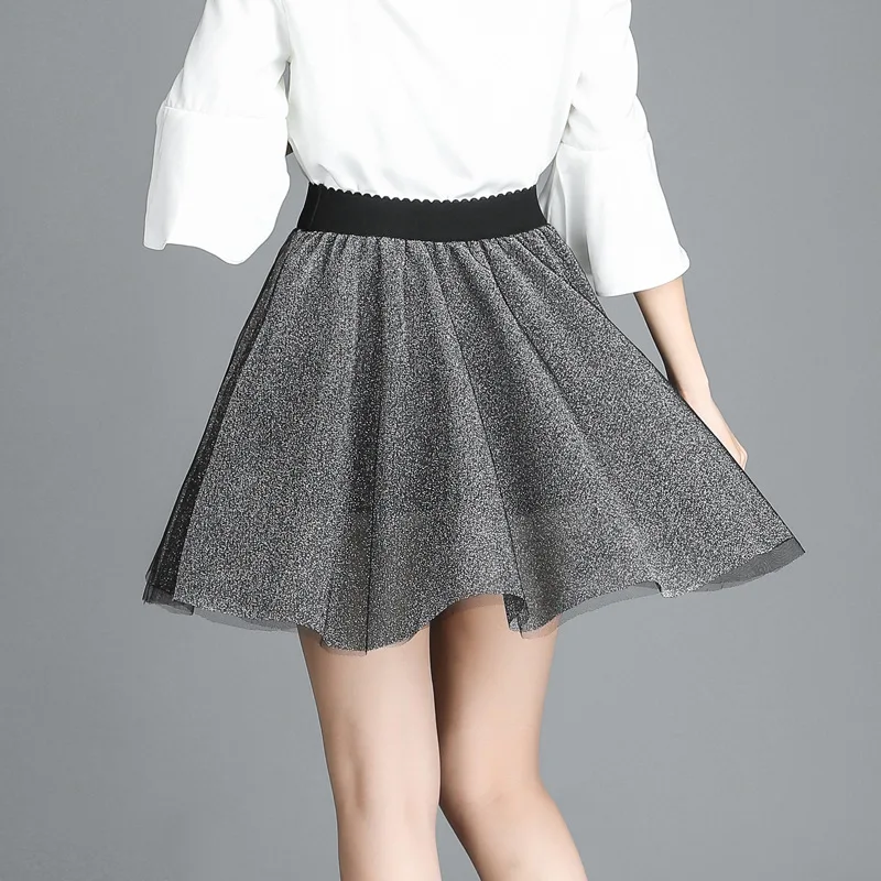 

Spring and Summer Metallic Bright Silk Mesh Bubble Skirt Anti-Exposure Skirt A- line Pleated Skirt Black Gauze Skirt mini skirt