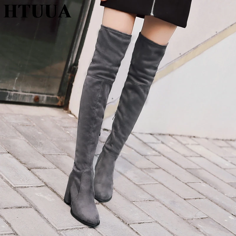 

HTUUA Quality Stretch Flock Women High Boots Autumn Winter Warm Fur Plush Round Toe Square Heel Over-the-Knee Boots SX3258