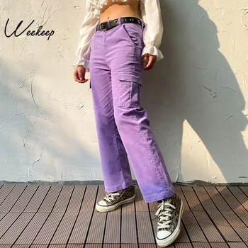 

Weekeep Pockets Patchwork Cargo Pants Women High Waist Straight Streetwear Trousers Women 2020 Fashion Pantalon Femme