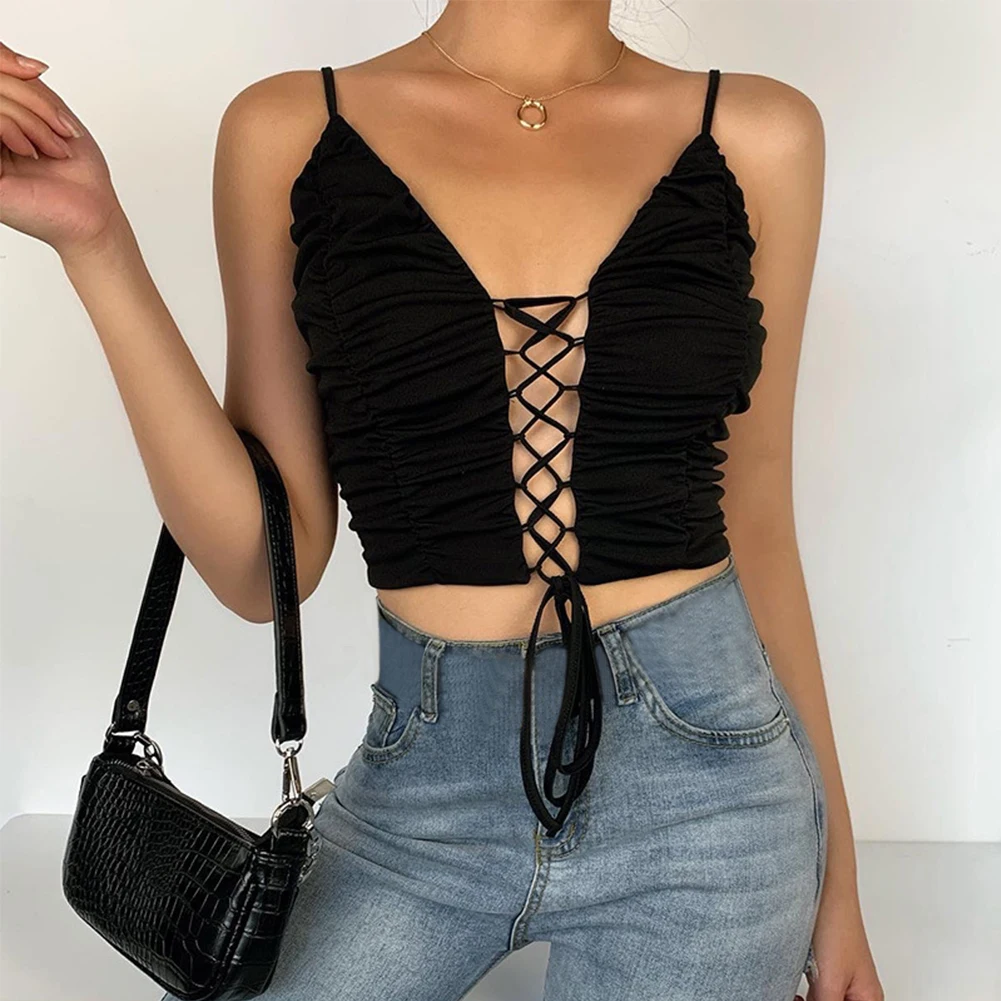 

V-Neck Front Laec up Camisole Women Hollow out Slim Elastic Bandage Sleeveless Backless Sexy Summer Ladies Cropped Top
