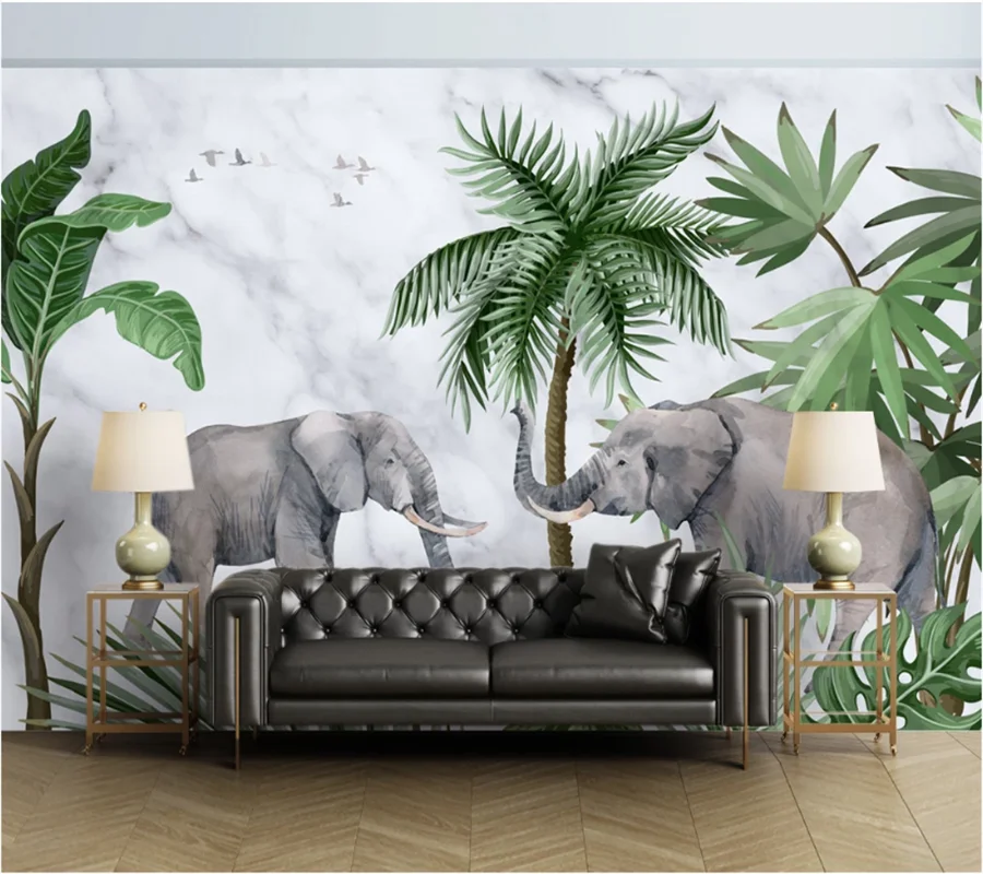 wellyu Customized wallpaper 3d fresh elephant marble pattern plant forest background living room bedroom wall | Обустройство дома