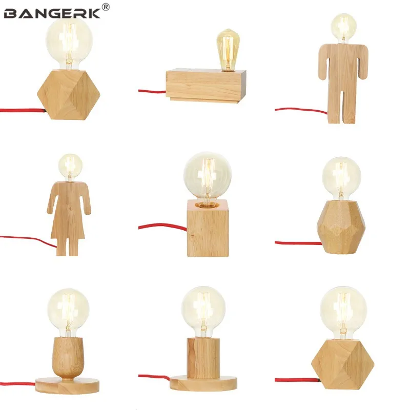 

Modern Table Lamp E27 Base Wood Desk Lamps Button Switch EU Plug Edison LED Lights For Bedroom Living Room Home Decor Lighting