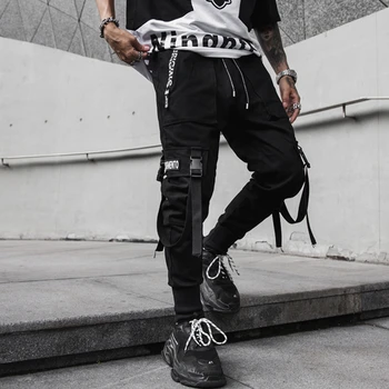 

2019 Spring Hip Hop Joggers Men Black Harem Pants Multi-pocket Ribbons Man Sweatpants Streetwear Casual Mens Pants M-3XL