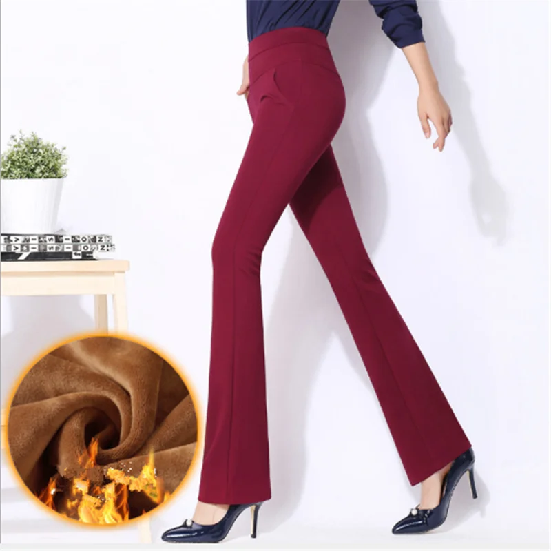 Женские брюки зима с высокой талией широкие брюки размера плюс теплые корейские расклешенные брюки повседневные кашемировые брюки черные элегантные брюки - Цвет: Красный