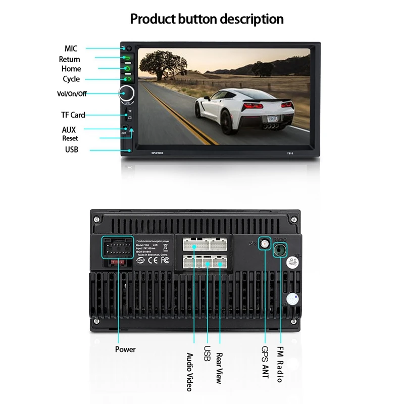  Android 8.1 Car Stereo GPS Navi MP5 Player Double 2Din WiFi 7 Inch Quad Core BT with 4LED Cam
