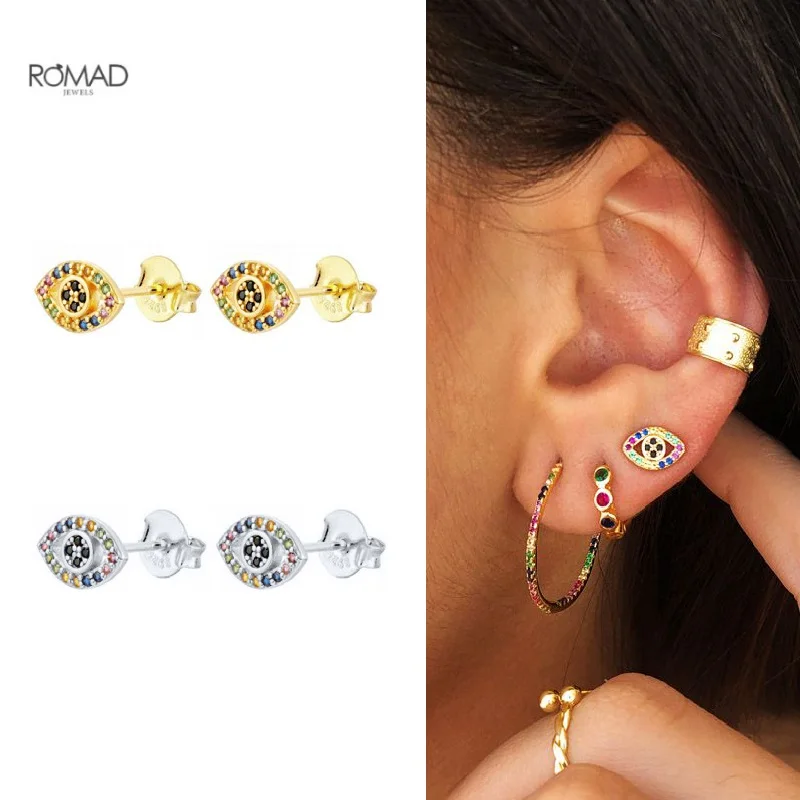 

ROMAD Bohemian Eye Stud Earrings for Women Luxurious Rainbow Zircon Piercing Earings 925 Sterling Silver Fine Jewelry kolczyki