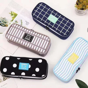 

1Pcs Large Capacity Canvas Pencil Case School Supplies Dot Striped Pattern Zipper Pencil Bag Pouch Stationery Pen Bag Storage
