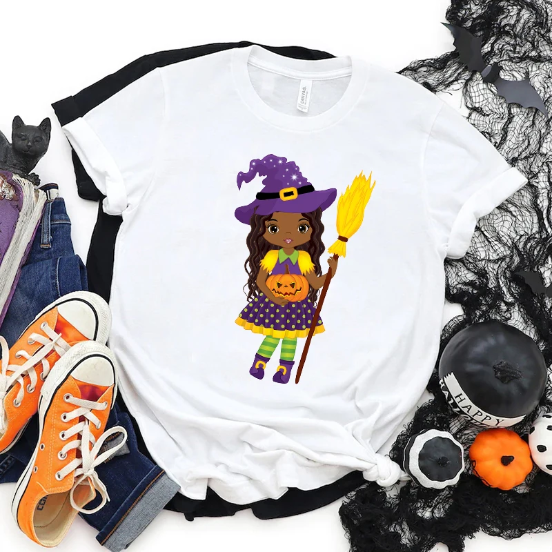 

2022 Halloween T-Shirt Black Witch With Broomstick And Halloween Pumpkin Kawaii Black Girl T Shirt Short Sleeve T-Shirt Tee Tops