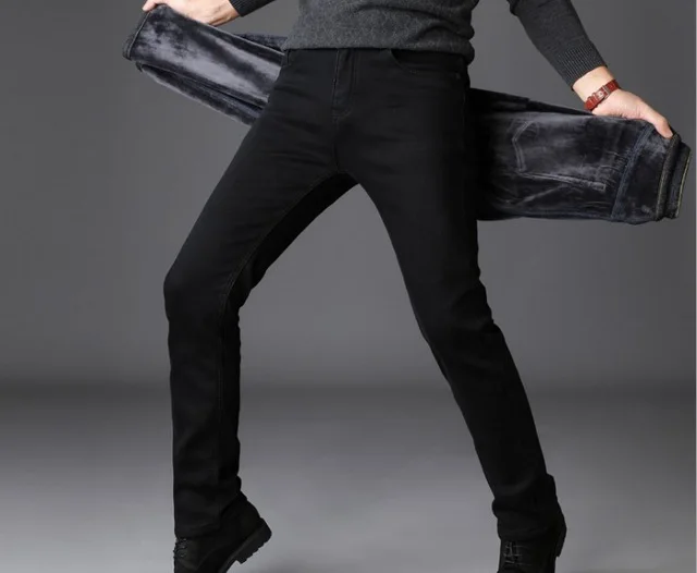 2019CHOLYL новые мужские модные зимние джинсы мужские черные узкие Стрейчевые плотные бархатные брюки теплые джинсы высокое качество мужские большие размеры - Цвет: black