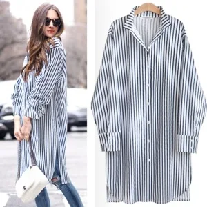 

Europe And America Spring Autumn Winter Large Size Dress Fat Mm Stripes Long Sleeve Long Shirt