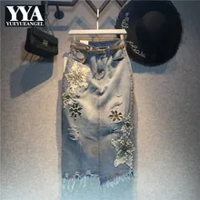 Офисные женские, облегающие прямое длины до колена Джинсовые юбки брюки-клеш с вышивкой с цветами, Искусственно состаренная, с дырками, кисточками, Высокая талия большой Размеры юбки