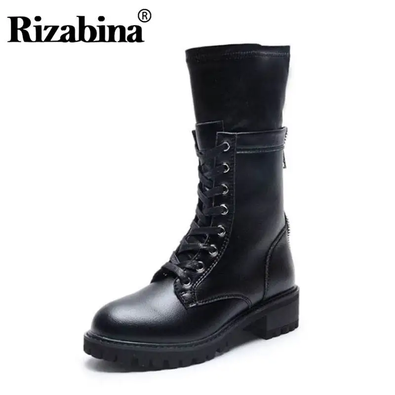 

RIZABINA Women Mid Calf Boots Winter Genuine Leather Zipper Flats Shoes Women Casual Lace Up Motorcycles Footwear Size 35-39