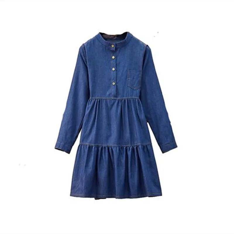 

High Qualiy Denim Dress Long Sleeve Silk A-line Vintage Dress 2020 New Spring Autumn O Neck Loose Large Dresses