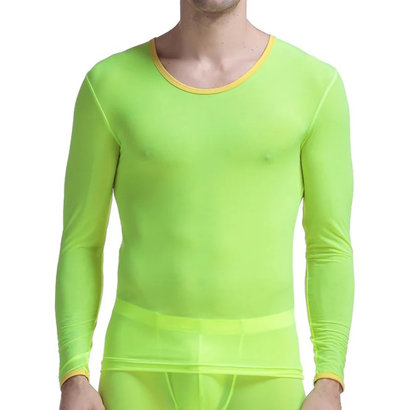 Man Undershirts Long Sleeve Ice Silk Sheer T Shirts Fitness Transparent Tops Top Ultra-thin Sleepwear Camiseta Hombre Interior