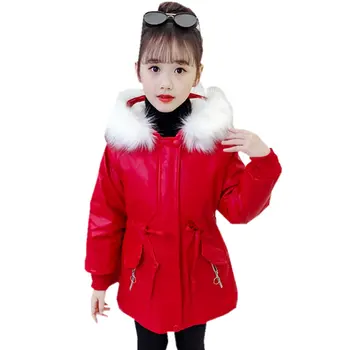 

Girls Winter Clothing Warm Coats Red/Black Color England Style Faux Leather Jackets Outwear For 3-13Years Kids Thick Windbreaker
