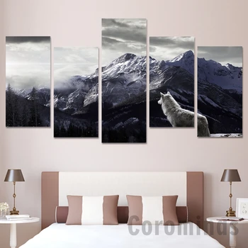 

Canvas HD Prints Paintings Home Decor Framework 5 Pieces Animal Wolf Pictures Mountain Landscape Poster For Living Room Wall Art